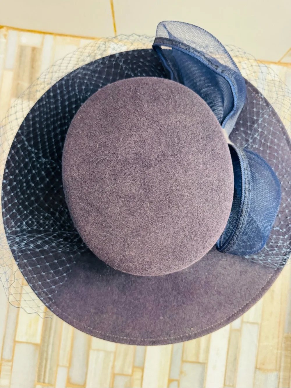 Vintage Bollman Hat Co USA Navy Doeskin Felt Wide Brim Veil Hat Sz 7 Wool